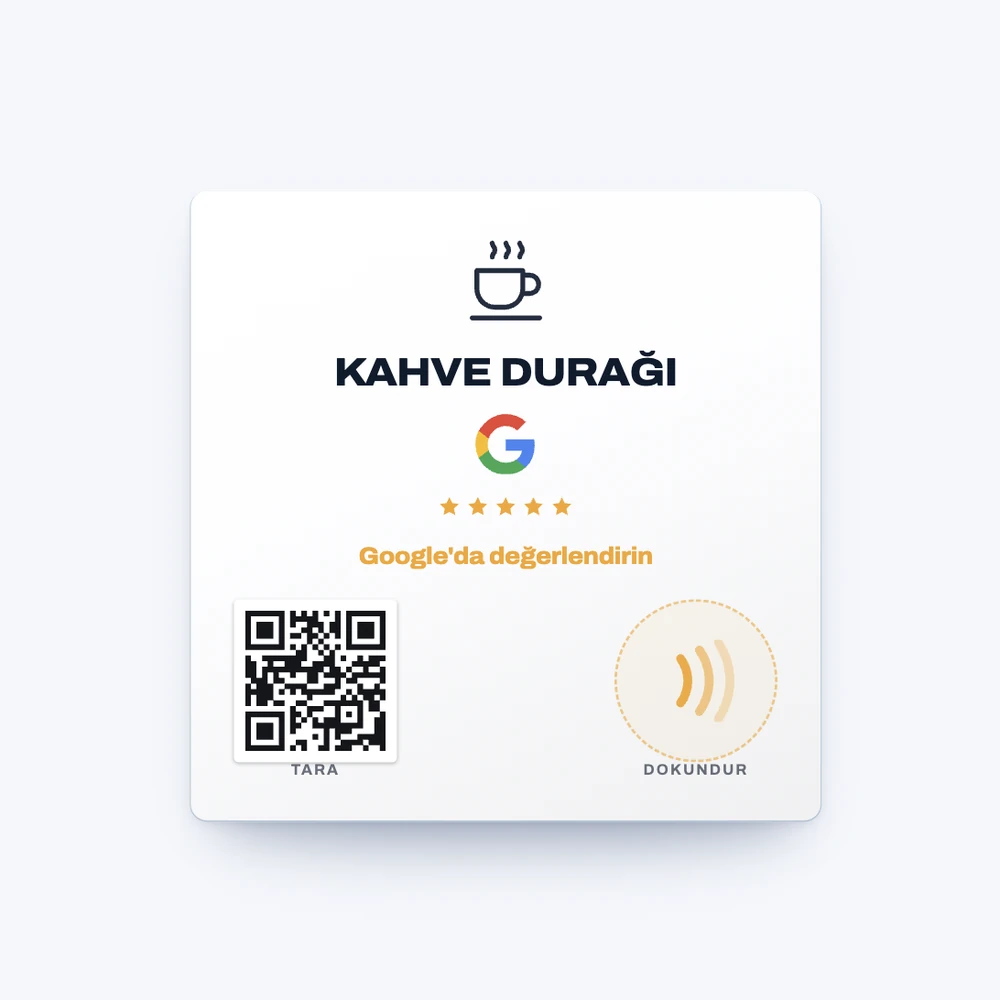 NFC pleksi kartın önden görünümü — logo, işletme adı, Google markası, beş yıldız, QR kod ve dokunma alanı